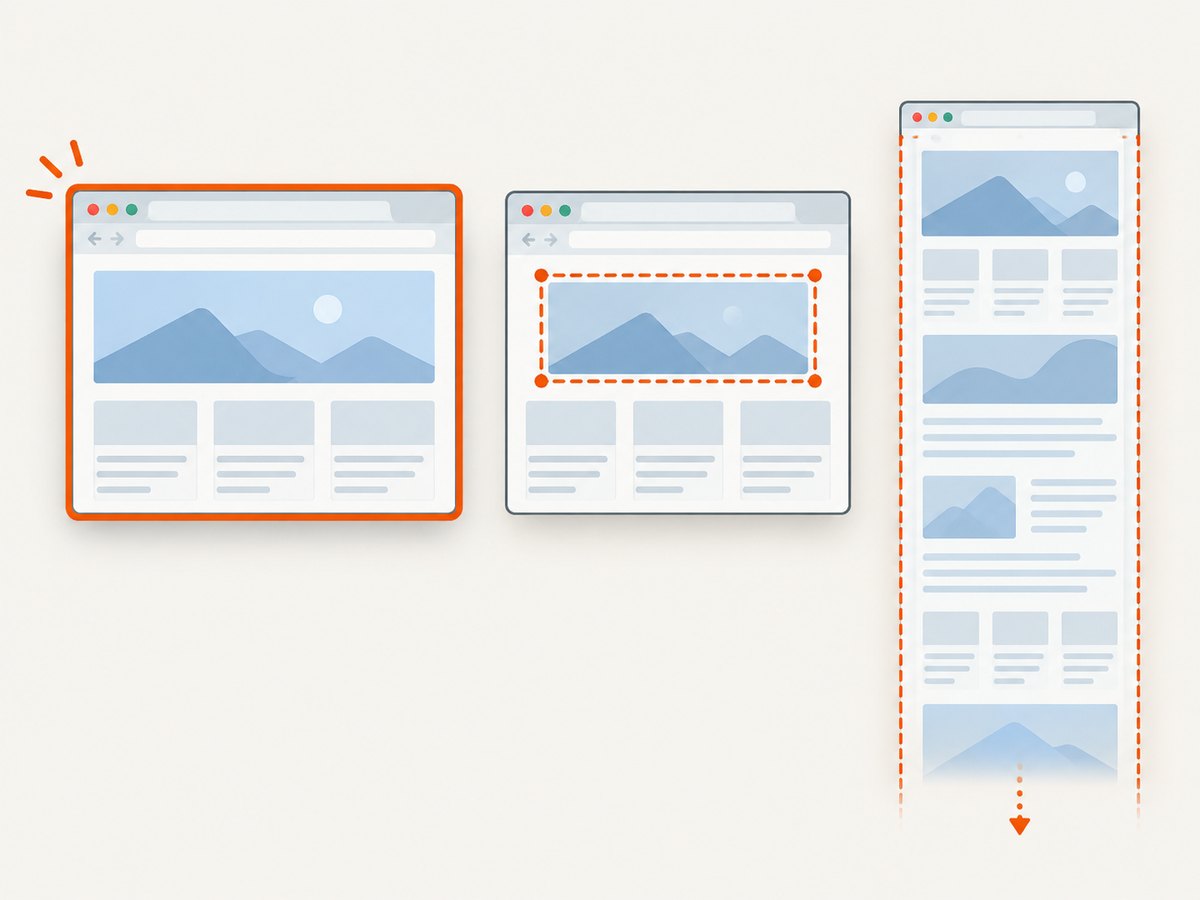 Window, selected-area, and full-page captures include different parts of a webpage.