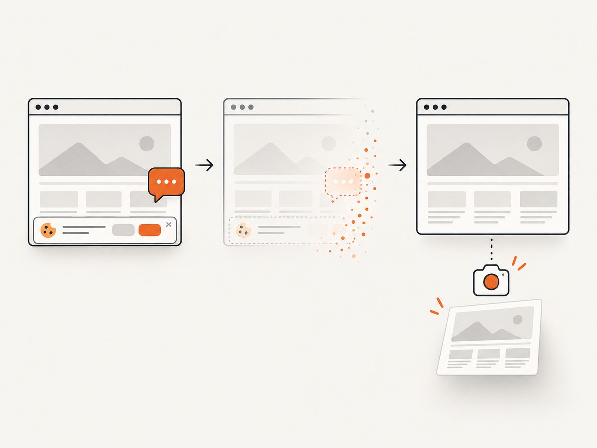 A capture pipeline can wait for page content and remove common overlays before producing the image.