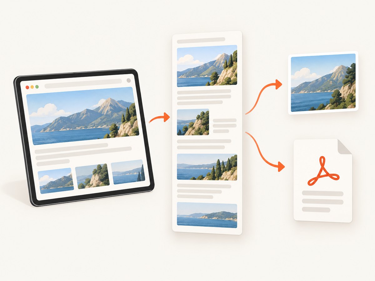 A Safari page can become either a tall image in Photos or a PDF in Files.