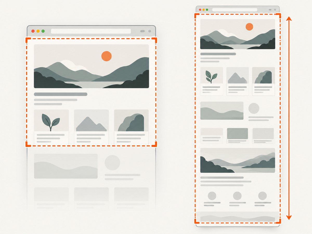 Viewport capture includes what is currently visible; full-page capture extends beyond the fold.