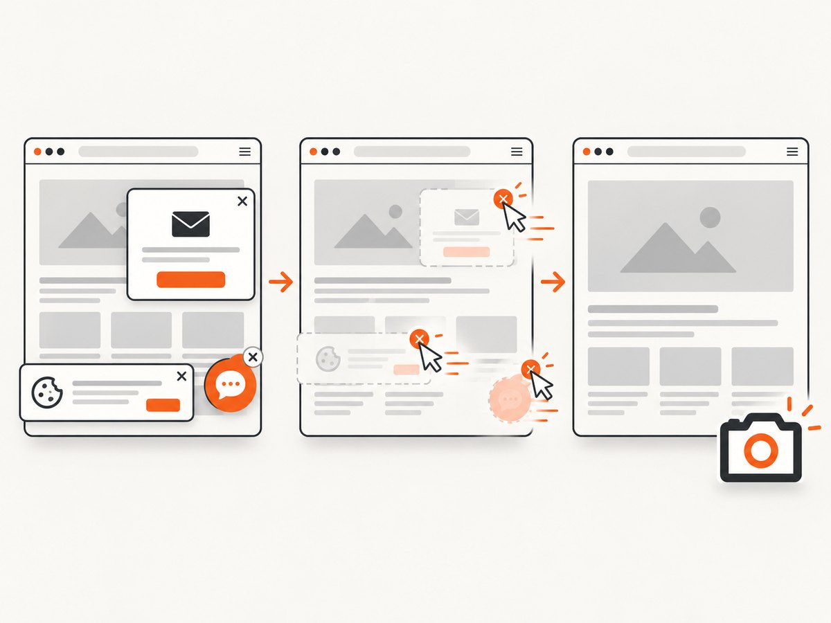 ScreenshotNeo removes supported consent overlays, popups, and chat widgets before capturing the page.