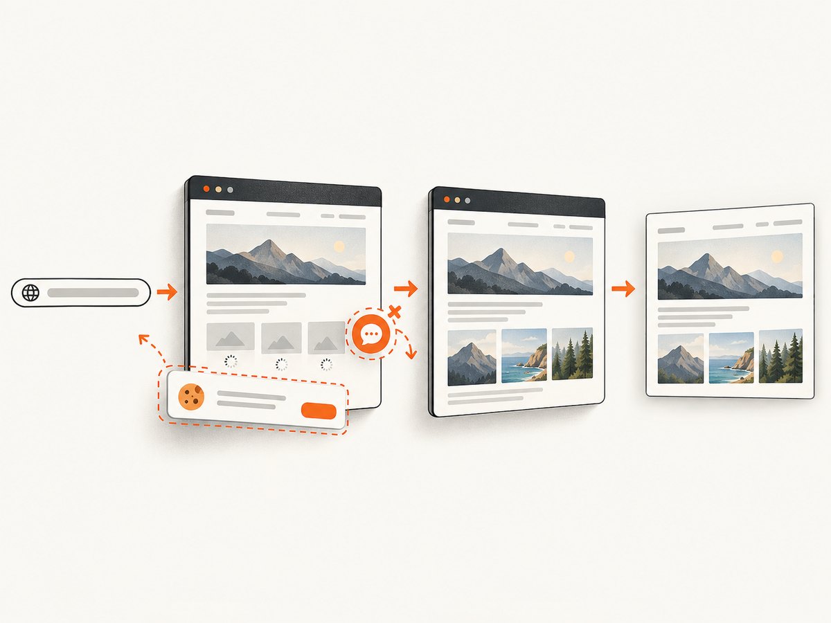 A capture pipeline that waits for the page and removes obstructing overlays before producing the image.
