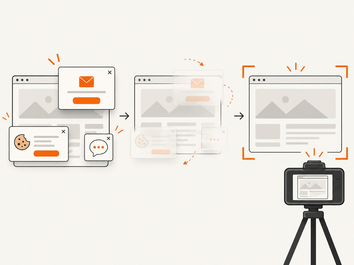 Consent overlays and common popups can be cleared before capture.