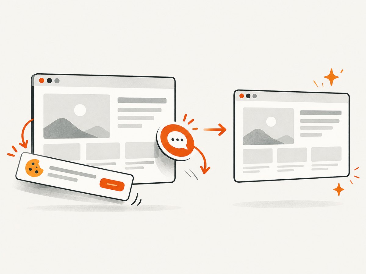 Consent banners, popups, and chat widgets can be removed before capture.