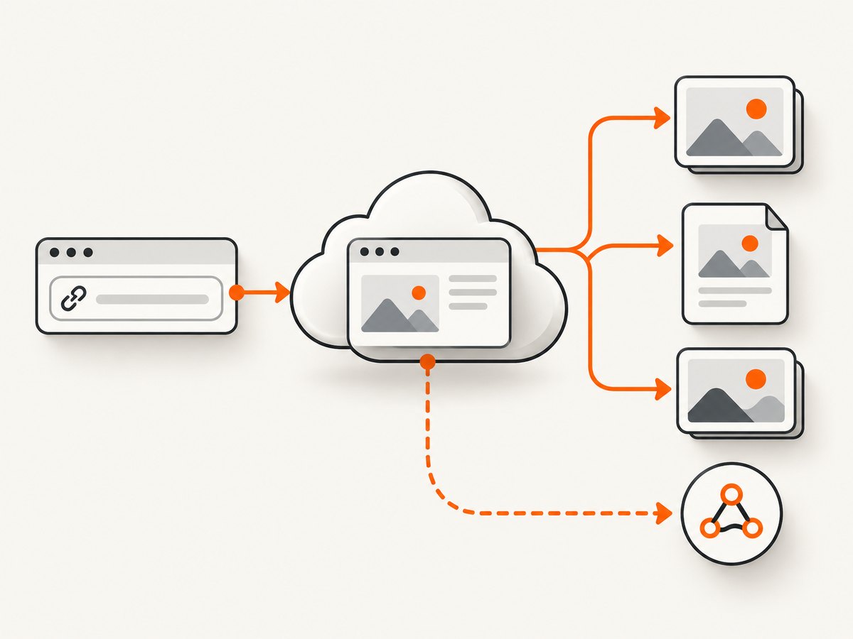 A screenshot workflow can include rendering, multiple outputs, caching, and webhook delivery.