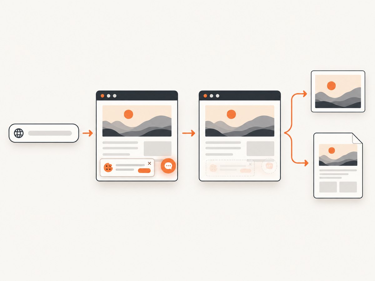 An authorized web capture can wait for the page, remove common overlays, and return an image or PDF.