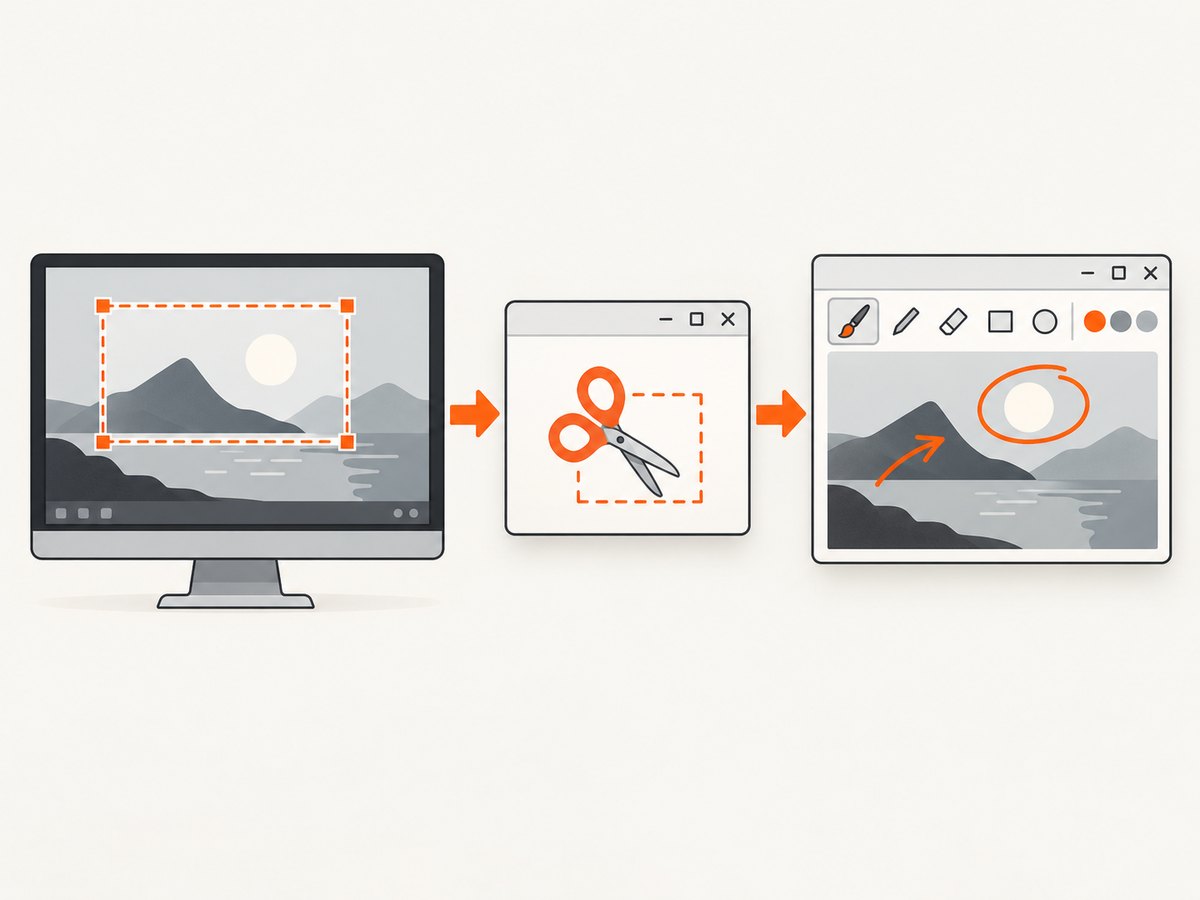 The Windows+Shift+S capture moves from Snipping Tool into Paint for editing.