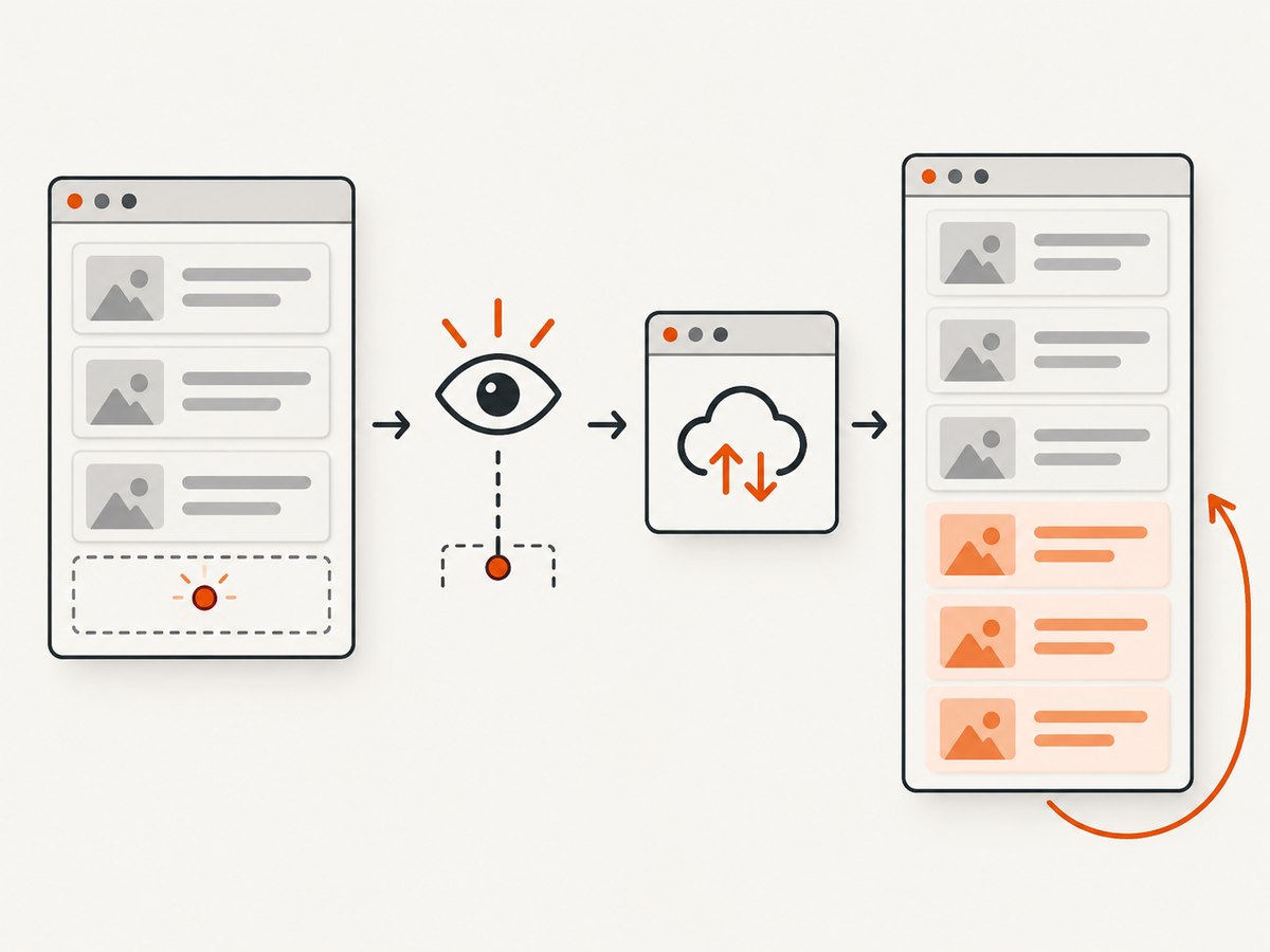 A sentinel triggers one guarded request, then new items are appended after the existing list.