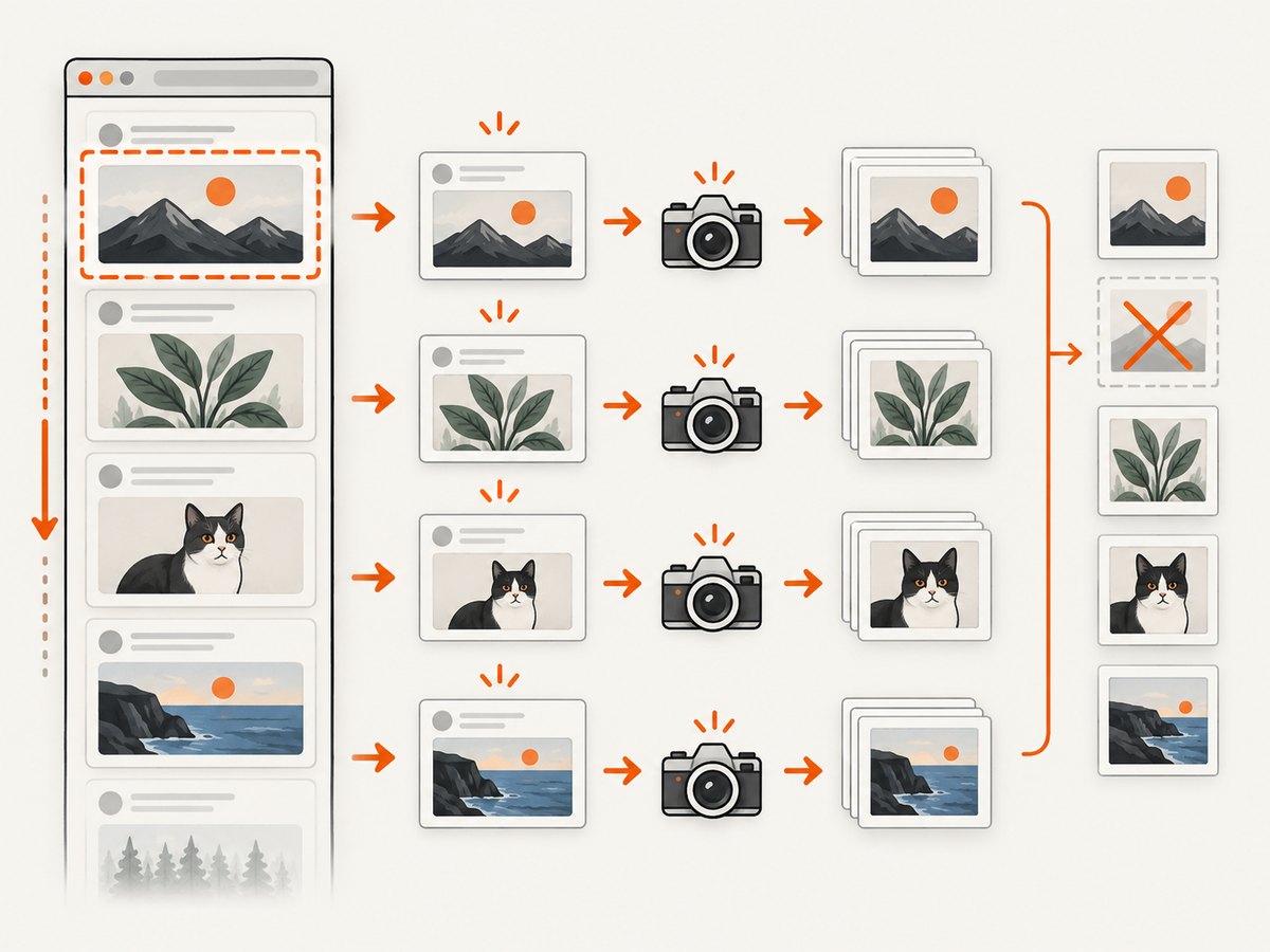 Scroll in bounded steps, identify posts by stable URLs, and save one image for each unseen card.