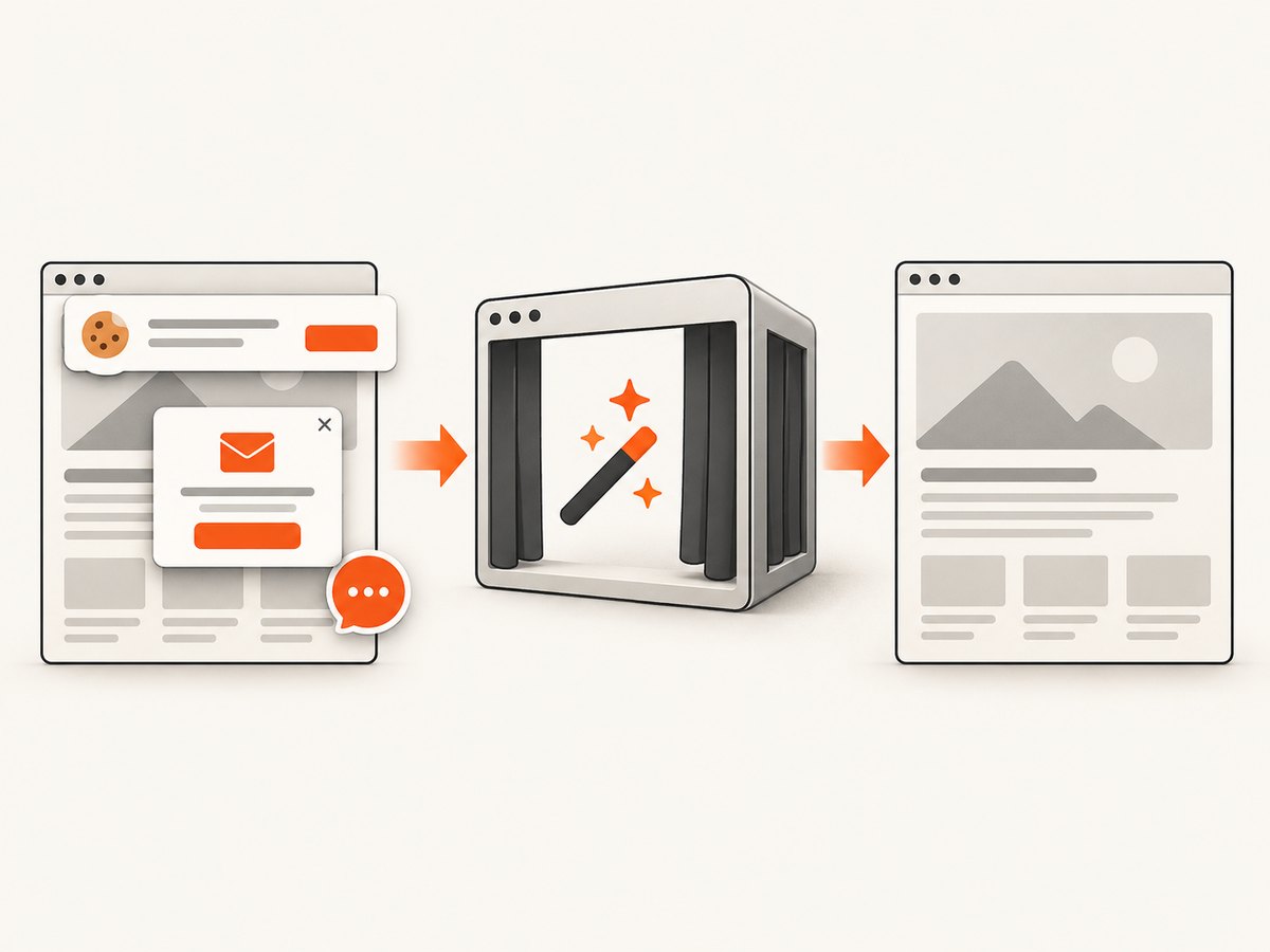 Automated capture can remove common overlays before producing a clean screenshot.