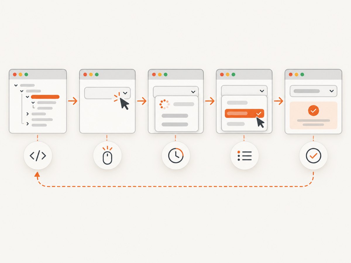 A reliable custom-dropdown test waits for each rendered state before selecting and verifying the option.