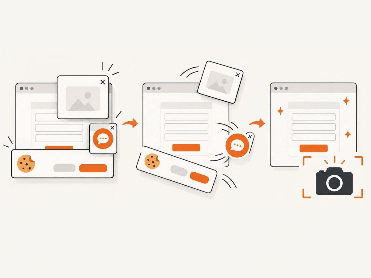 A clean capture removes common overlays before rendering the page.