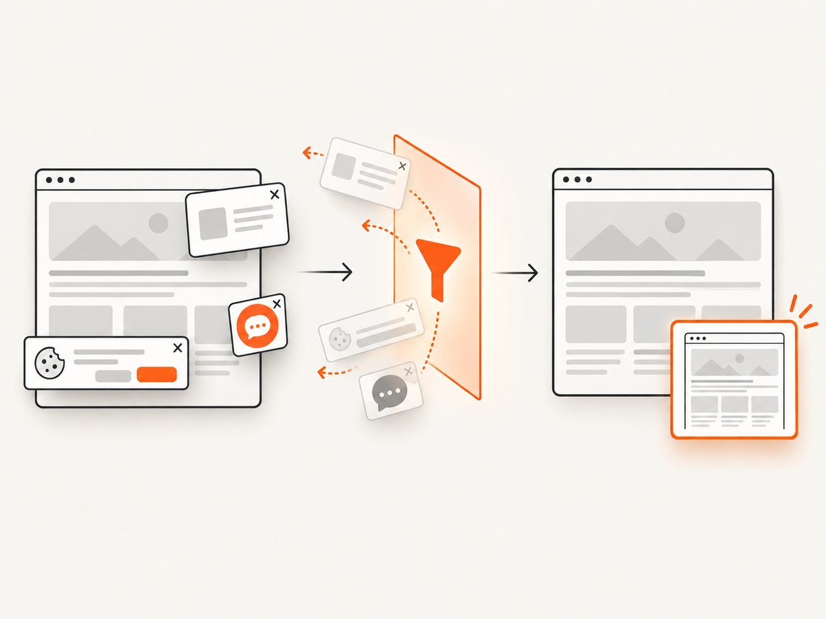 ScreenshotNeo removes common overlays before capturing the page.