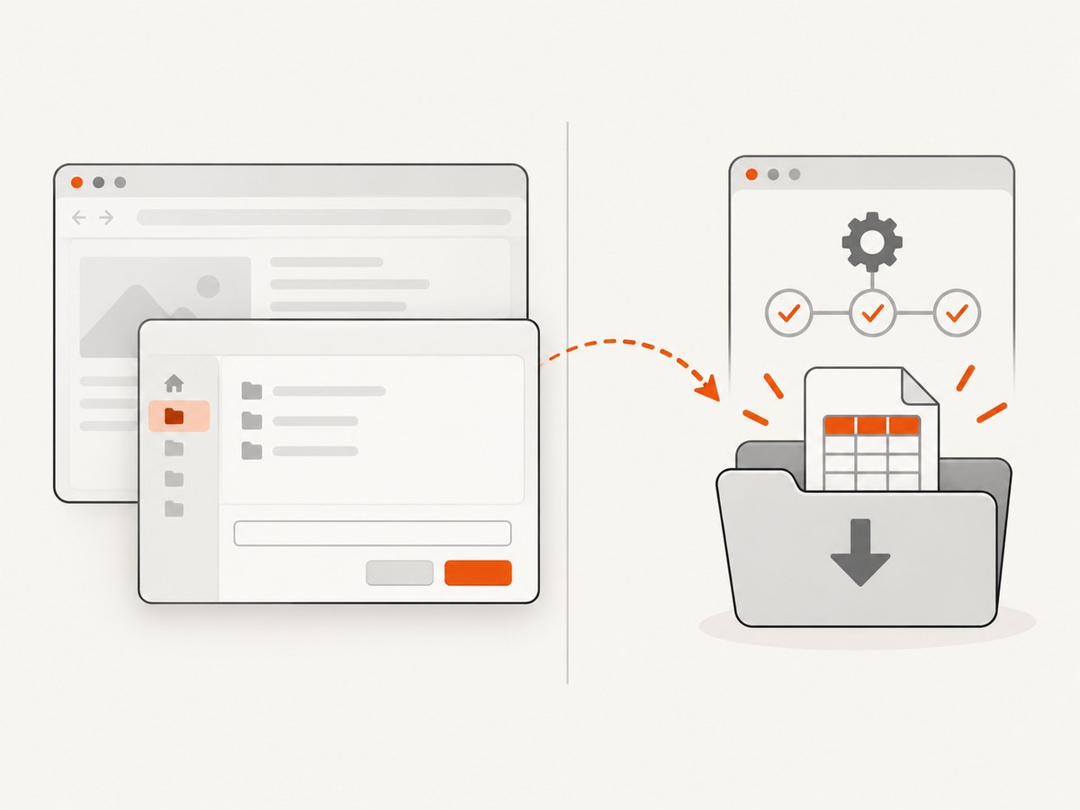A native Save dialog is outside the DOM, so browser preferences are the automation boundary.
