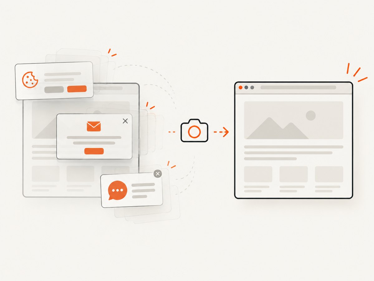 ScreenshotNeo removes common consent and overlay elements before capture.