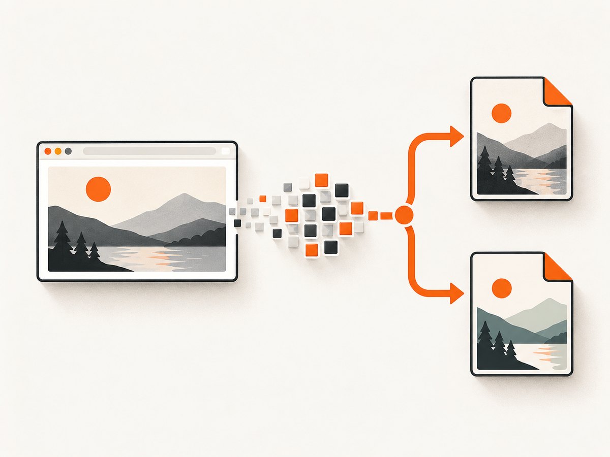 Selenium emits PNG data; an image encoder creates JPEG or WebP afterward.