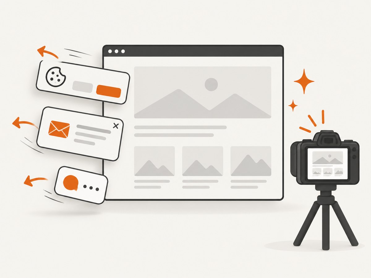 Consent banners, popups, and chat widgets can be removed before a managed capture.