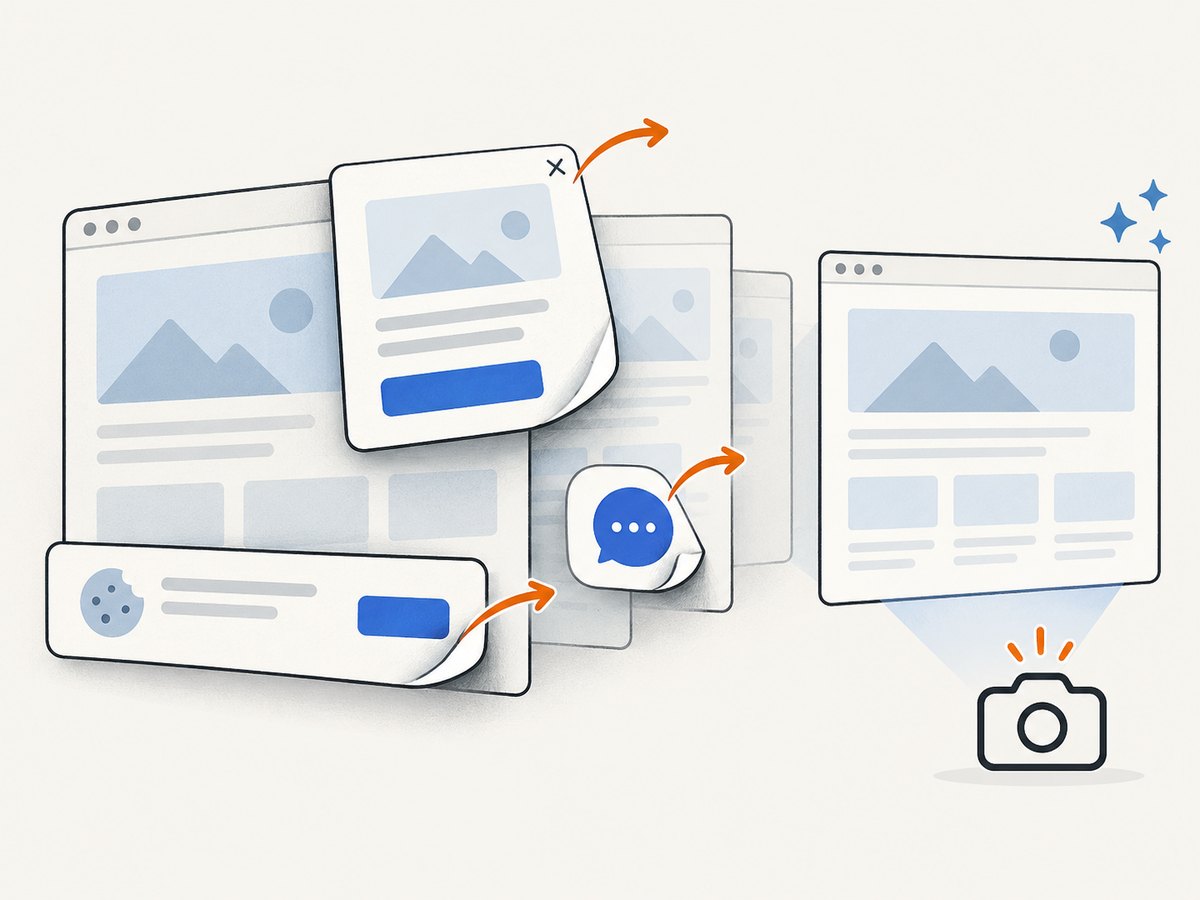 A clean capture removes common overlays before producing the image.