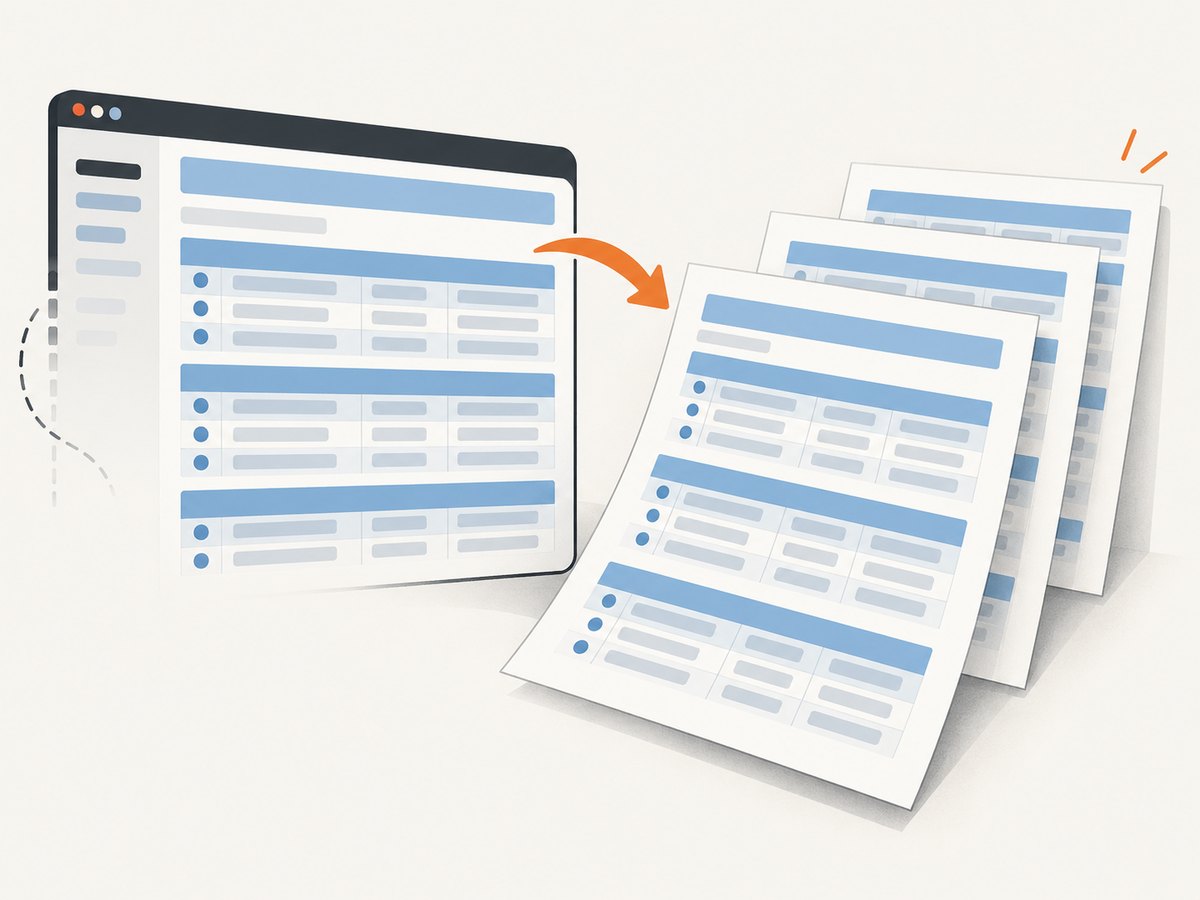Print CSS controls what is hidden, where pages break, and how tables carry across pages.