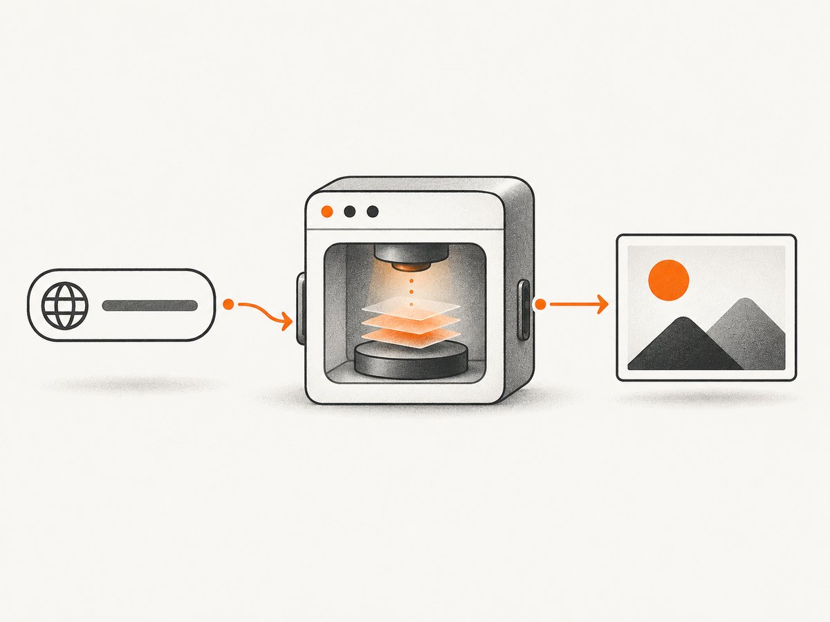 A server sends a URL to headless Chromium and receives rendered image bytes.