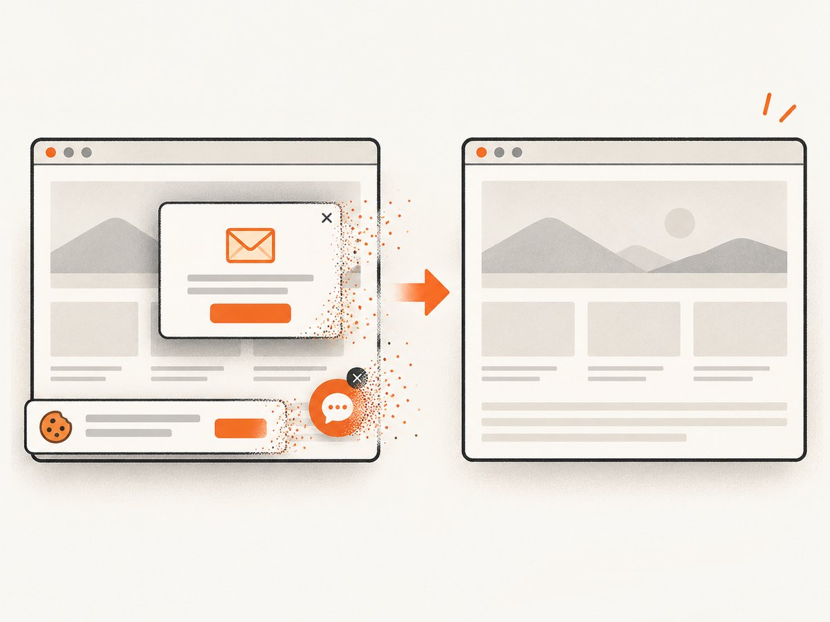 Consent banners, popups and chat widgets can be removed before a managed capture.