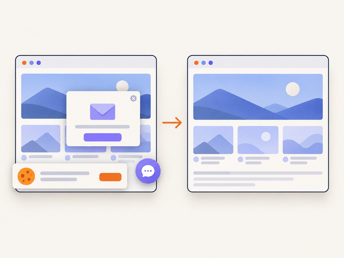 A clean screenshot workflow removes consent banners, popups, and chat widgets before capture.