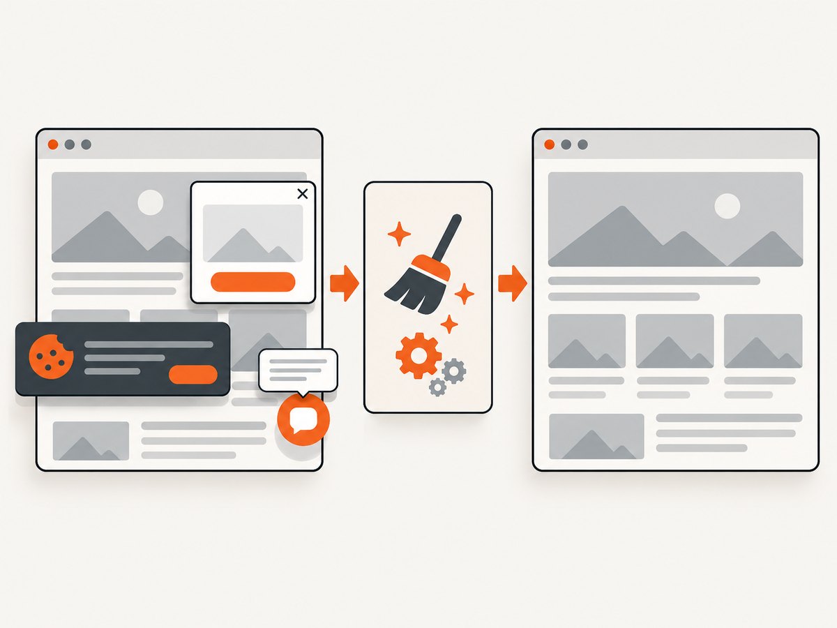 A clean capture can remove consent banners, popups, and chat widgets before the image is returned.