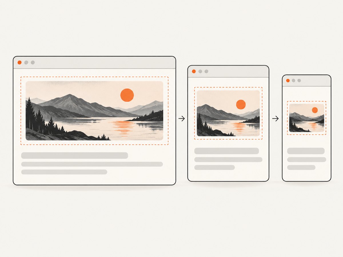 HTML dimensions reserve the image’s proportions; CSS lets it shrink with its container.