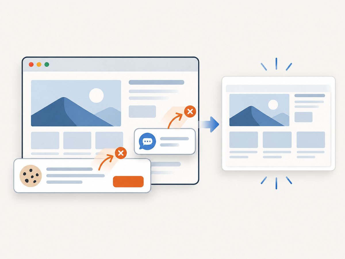 A screenshot service renders the page and can remove supported overlays before returning the image.