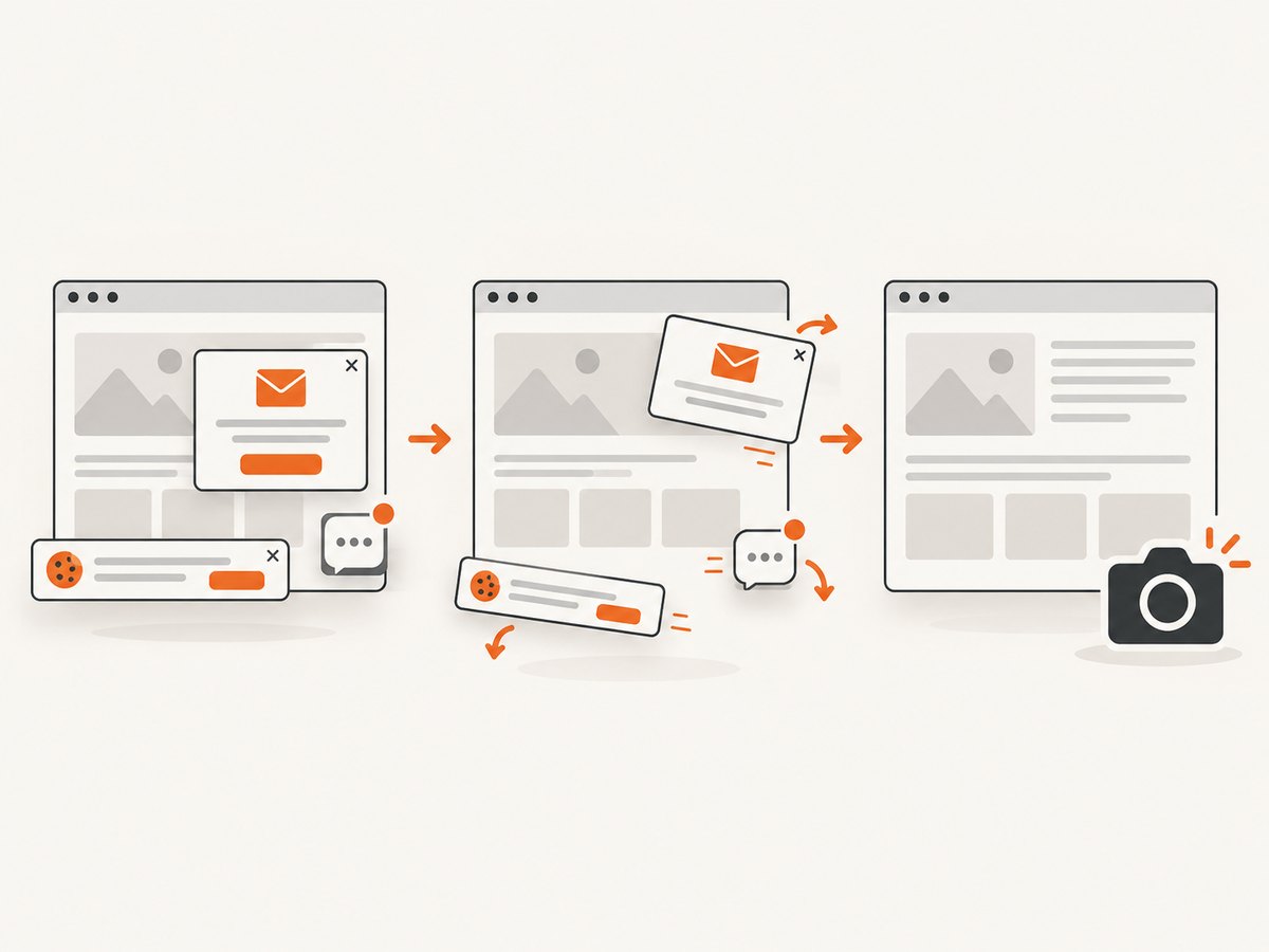 A clean capture removes consent banners and overlays before rendering the final image.