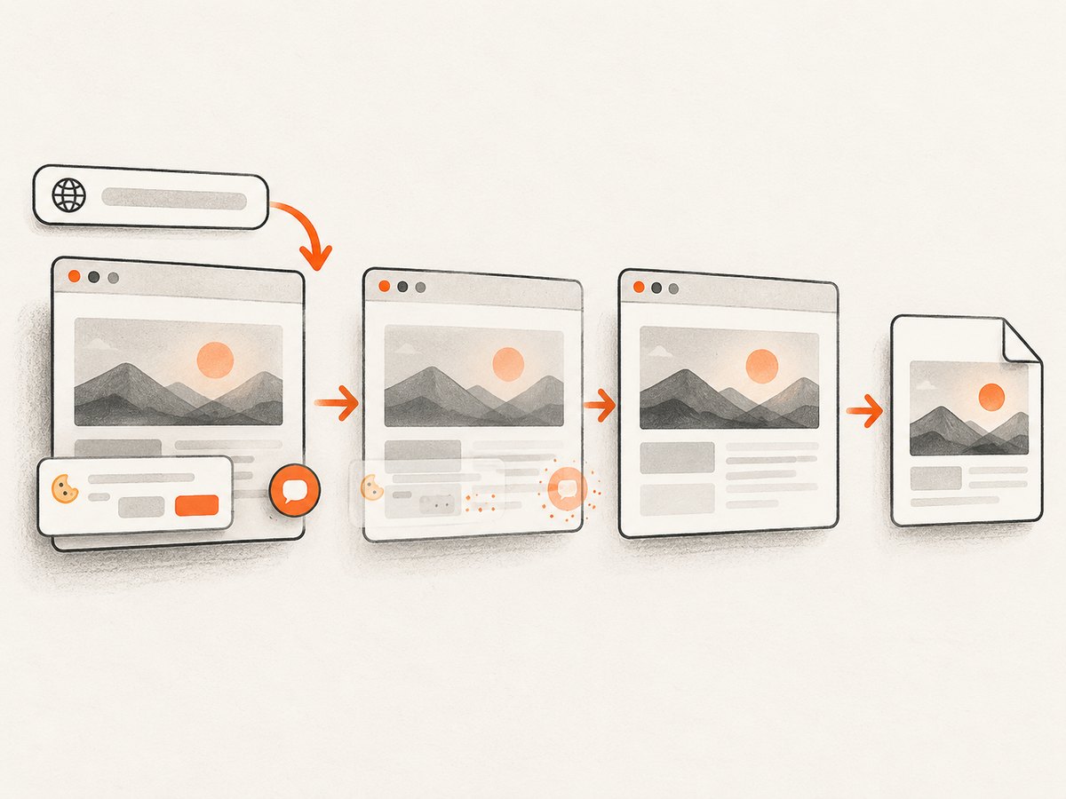 A capture workflow can wait for page content and remove common overlays before saving the result.