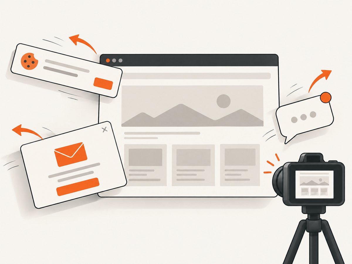 Consent prompts and overlays can obscure the page; ScreenshotNeo removes known consent platforms, newsletter popups and chat widgets before capture.