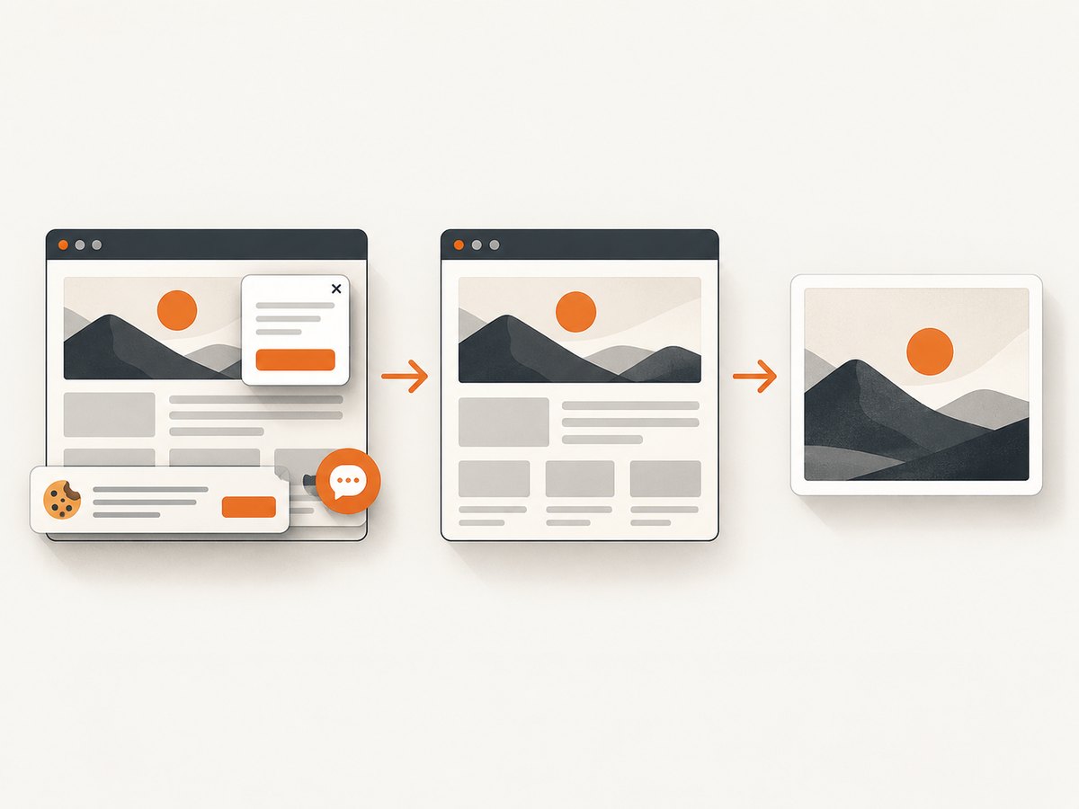 A capture workflow can remove obstructing overlays before producing the final image.