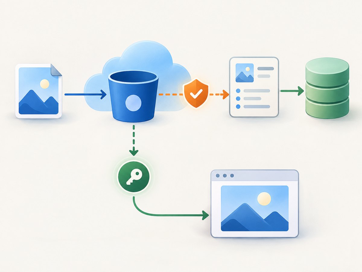 The image belongs in Storage; searchable ownership and capture details belong in the database.