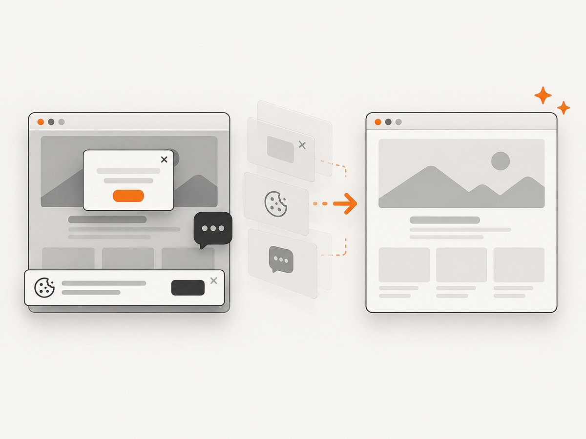 A clean capture workflow removes obstructing consent banners, popups, and chat widgets before review.