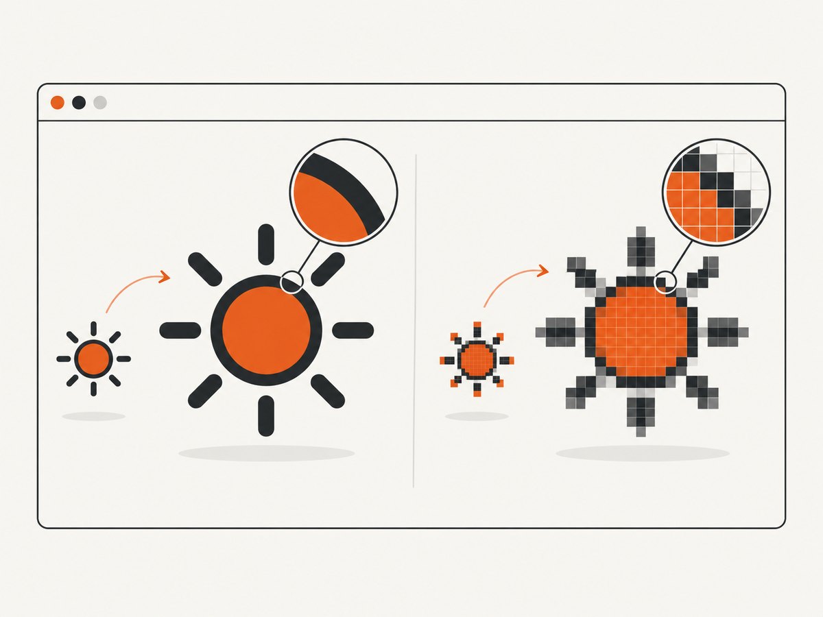 Vector artwork can render at different sizes; enlarged raster artwork can reveal its pixel grid.