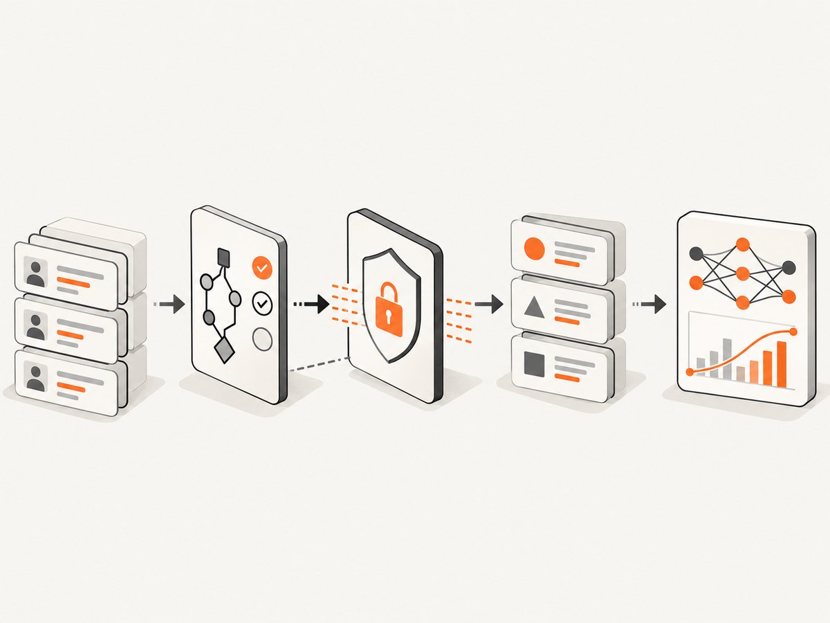 A synthetic-data workflow connects source profiling, privacy review and downstream utility testing.