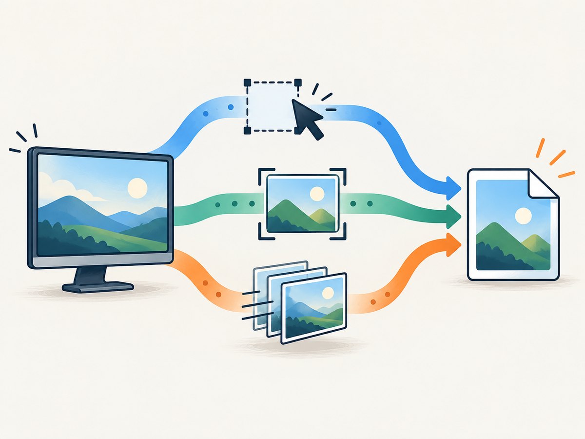 Three Python libraries cover simple capture, Pillow workflows, and explicit monitor or region selection.