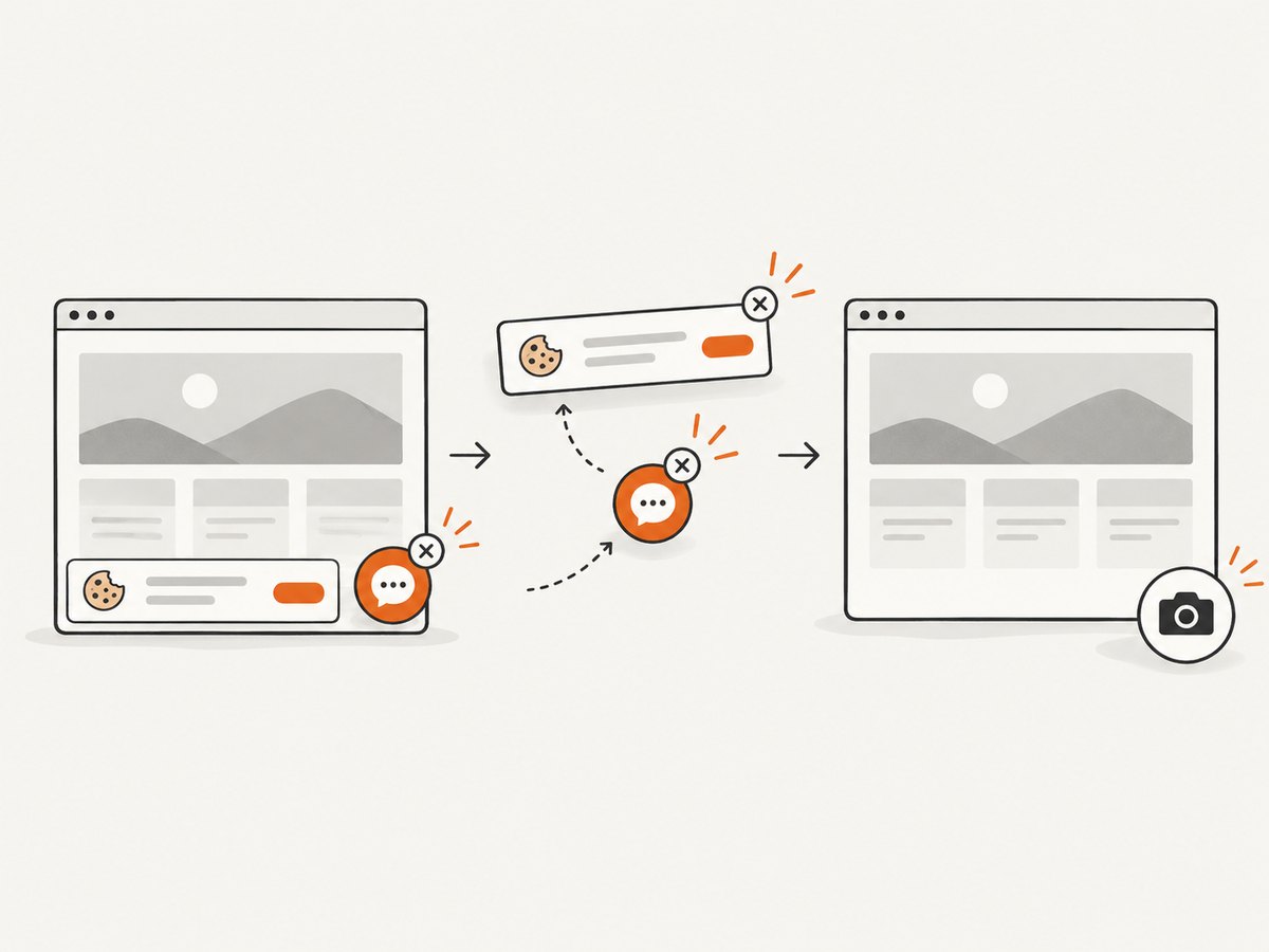 A clean capture removes common consent and chat overlays before rendering the final image.