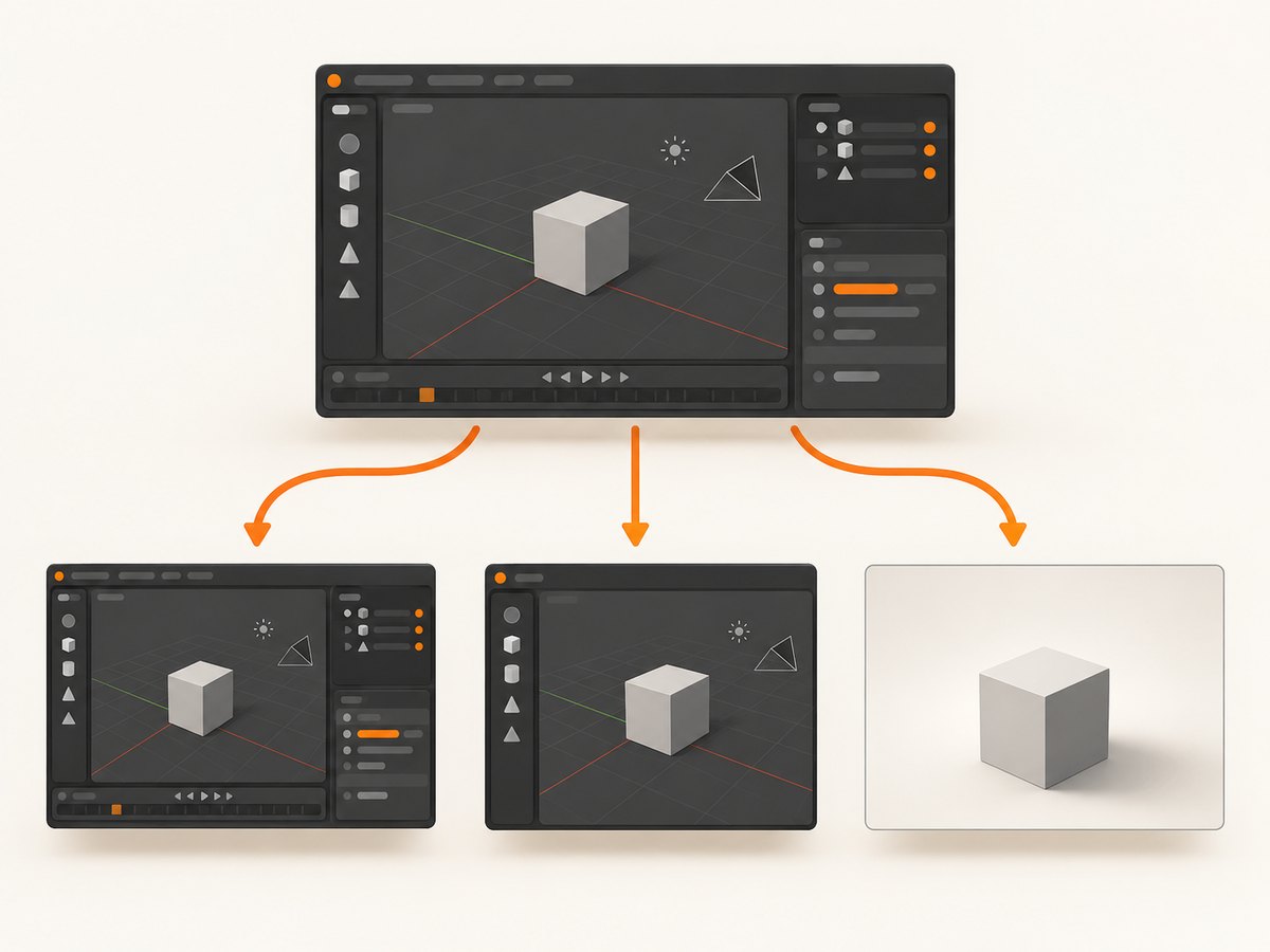 Choose the capture command based on whether you need the full interface, one editor, or the scene alone.