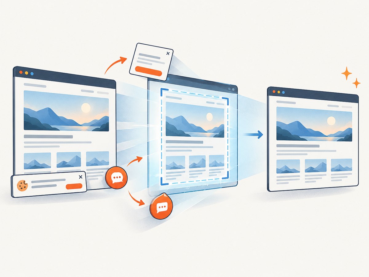 A website screenshot API captures a URL and can clean common overlays before returning the image.