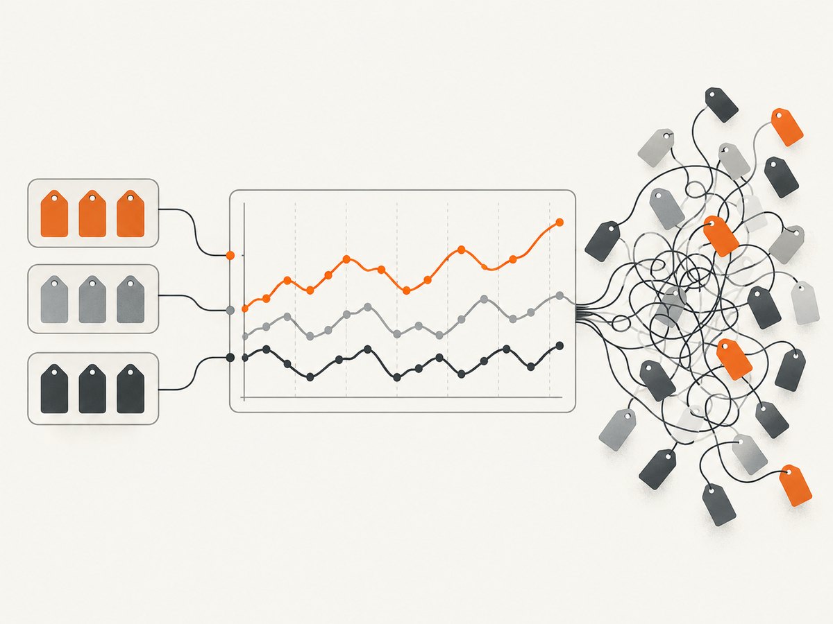 Metric labels make series useful to query, but unbounded label values can multiply active series.