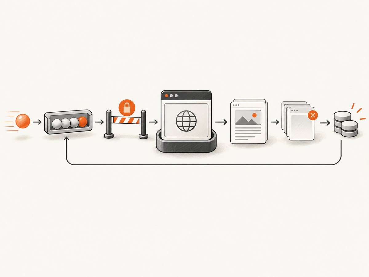 Bounded concurrency and explicit ownership keep page and browser resources from accumulating.