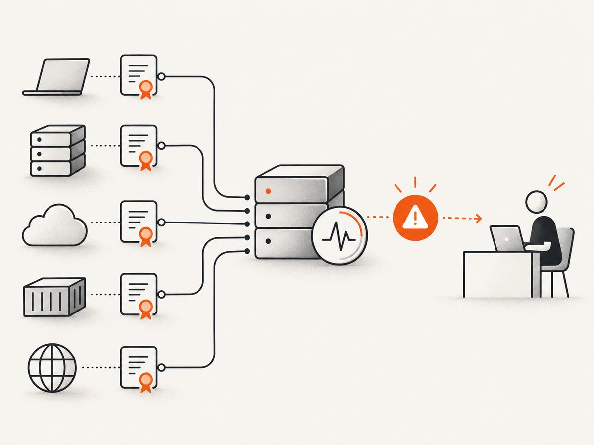 A monitor checks configured endpoints and routes expiry alerts to the team responsible for renewal.