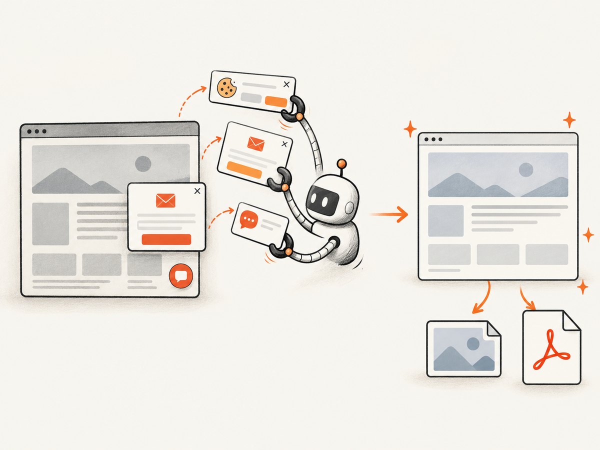 ScreenshotNeo removes common consent and overlay elements before capture and reports whether the result was billed.