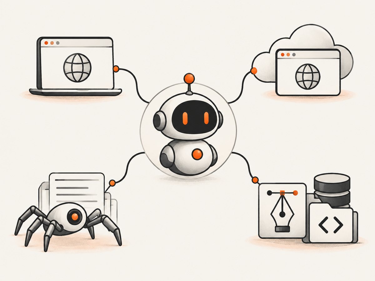 Different MCP servers provide browser control, web retrieval, design context, or development infrastructure.