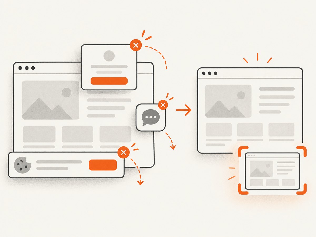 A clean capture pipeline removes common overlays before saving the page image.