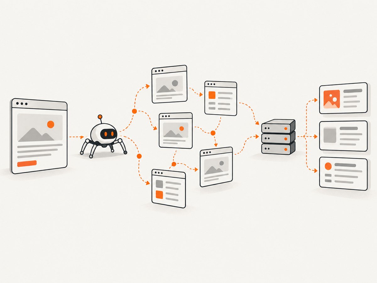 A crawler starts with seed URLs, follows permitted links, and turns responses into structured records.