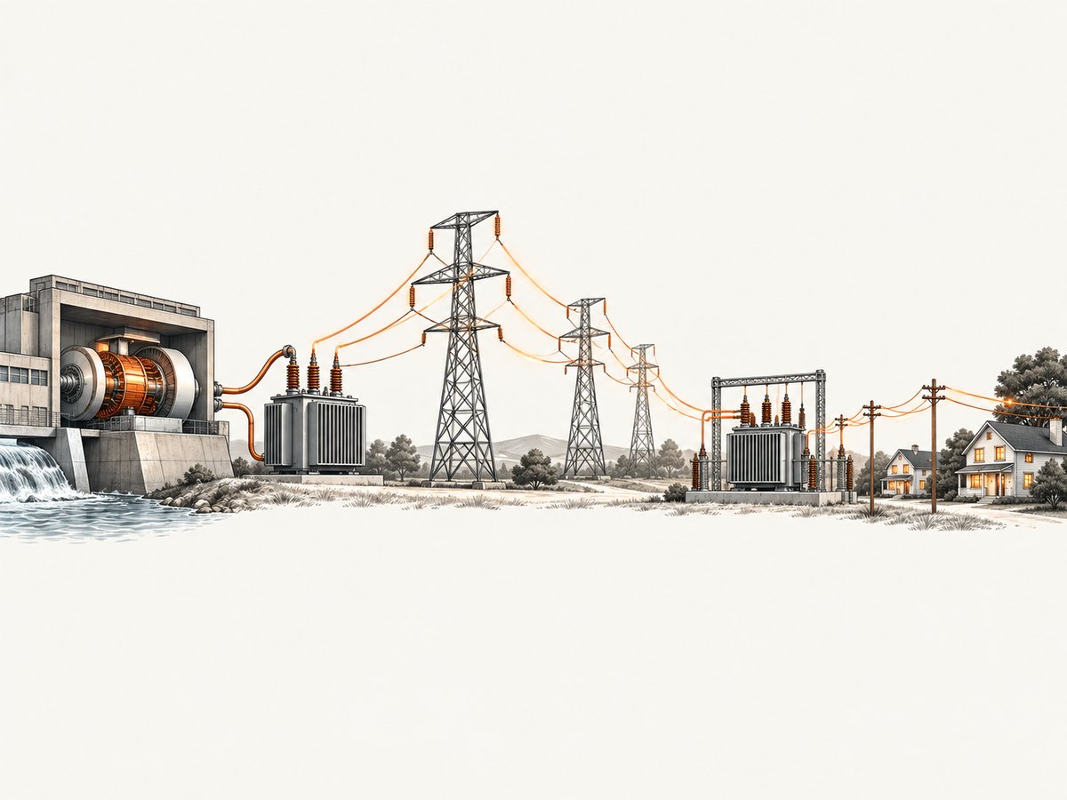 The grid raises voltage for long-distance transmission and lowers it near consumers.