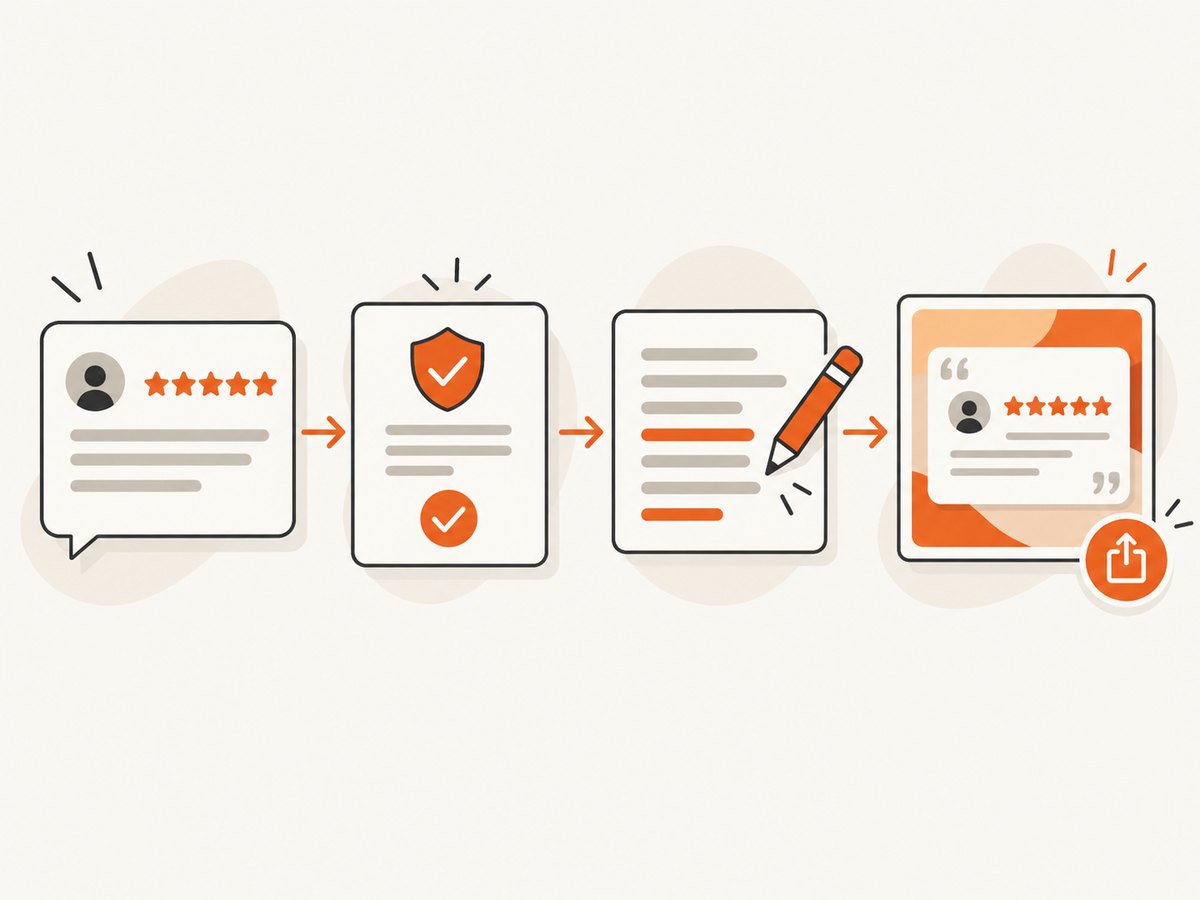 A repeatable path from an approved review to a publishable testimonial card.